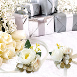 2Pcs 2 Style Silk Cloth Imitation Peony Corsage Boutonnieres, with Silk Cloth Imitation Peony Wrist Corsages, for Party Decorations, White, 125~890x13~85mm, 1pc/style