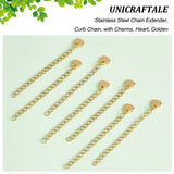 304 Stainless Steel Chain Extender, Curb Chain, with Charms, Heart, Golden, 60mm, Link: 4x3x0.5mm, 30pcs/box