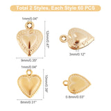 120Pcs 2 Style 304 Stainless Steel Charms, Heart, Golden, 10~12x8~9x0.8~3mm, Hole: 1mm, 60pcs/style