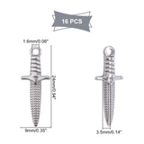304 Stainless Steel Pendants, Dagger, Stainless Steel Color, 24x9x3.5mm, Hole: 1.6mm, 16pcs/box