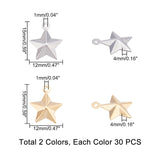 304 Stainless Steel Pendants, Star, Golden & Stainless Steel Color, 15x12~12.5x4mm, Hole: 1mm, 30pcs/color, 2colors, 60pcs/box