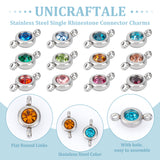 24Pcs 12 Colors 304 Stainless Steel Single Rhinestone Connector Charms, Flat Round Links, Stainless Steel Color, Mixed Color, 12x6.5x4mm, Hole: 2mm, 2pcs/color