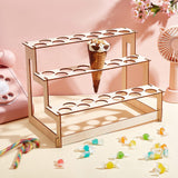 3-Tier Wooden Ice Cream Cone Display Risers, Ice Cream Cone Holder with 33 Holes, Cornsilk, 30x18x21cm