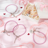 24Pcs 4 Style Alloy Enamel & Acrylic Heart Charm Bracelets Set with PU Leather Cords, October Breast Cancer Pink Awareness Ribbon & Word Hope, Pink, 7-1/2 inch(19cm), 6Pcs/style