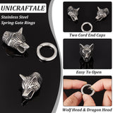 2 Sets 2 Styles 304 Stainless Steel Spring Gate Rings, Tibetan Style O Rings, with Two Cord End Caps, Wolf Head & Dragon Head, Antique Silver, 61~75x12~18x14~16.5mm, 1 sets/color