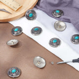 1-Hole Alloy & Cat eye Turquoise Buttons, Flat Round with Leaf Pattern, for DIY Luggage and Hardware Accessaries, Dark Turquoise, 30x11~11.8mm, Hole: 2.5mm, 10pcs/box
