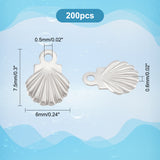 200Pcs 316 Surgical Stainless Steel Charms, Shell, Stainless Steel Color, 7.5x6x0.6mm, Hole: 0.5mm