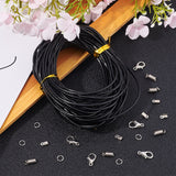 DIY Necklace Making Kits, with Cowhide Leather Cords, Iron Folding Crimp Ends, Iron Coil Cord Ends & Jump Rings, Zinc Alloy Lobster Claw Clasps, Black, 2mm, 10m/set