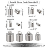 32Pcs 8 Style 201 Stainless Steel Cord Ends, End Caps, Column, Stainless Steel Color, 8~14.5x4~11mm, Hole: 1.5~3mm, 4pcs/style