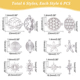 36Pcs 6 Style 201 Stainless Steel Links Connectors, Laser Cut Links, Flower & Vortex & Round Ring & Star, Stainless Steel Color, 14~17.5x18~23x1mm, hole: 1.4~1.8mm, 6 style, 6pcs/style, 36pcs