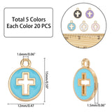 100Pcs 5 Colors Light Gold Plated Alloy Enamel Pendants, Flat Round with Cross, Mixed Color, 15x12x1.5mm, Hole: 1.6mm, 20pcs/color