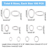 800Pcs 8 Style 304 Stainless Steel Open Jump Rings, Oval, Stainless Steel Color, 3.5~8x2.5~6x0.5~1mm, Inner Diameter: 1.5~4x2.5~6.5mm, 100pcs/style