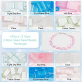 420pcs 12 Style 2-Hole Glass Seed Beads, Rectangle, Mixed Color, 4.5~5.5x2~5.5x2~2.5mm, Hole: 0.5~0.8mm
