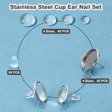 DIY 4 Sizes 20 Pairs Stud Earring Making Kits, Including 304 Stainless Steel Stud Earring Settings, Transparent Glass Cabochons and Silicone Ear Nuts, Stainless Steel Color, Tray: 8mm/10mm/12mm/14mm, 13~20.5x10~16mm, Hole: 2~3.5mm, Pin: 0.7mm