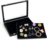 PU Presentation Clear Glass Lid Boxes, Badge Storage Showcase Display Case, Rectangle, Black, 35x24x4.9cm