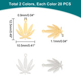 40Pcs 2 Colors 304 Stainless Steel Charms, Laser Cut, Pot Leaf/Hemp Leaf Shape, Golden & Stainless Steel Color, 12.5x10.5x1.1mm, Hole: 0.9mm, 20pcs/color