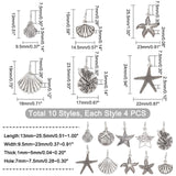 40Pcs 10 Style Tibetan Style Alloy Pendants, Ocean Themed Pattern, Antique Silver, 13~24x9.5~23x1~5mm, hole: 7~7.5mm, 4pcs/style