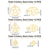 108Pcs 9 Style Zinc Alloy Pendants, Hollow, Ring with Star, Mixed Color, 16x13x2mm, Hole: 2mm