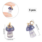 Carved Natural Fluorite Pendants, with Golden Brass Spring Ring Clasps, Long-Lasting Plated, Mushroom, 28mm, Pendant: 20x11.5mm, 5pcs