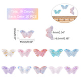 200Pcs 10 Colors Transparent Spray Painted Glass Beads, with Glitter Powder, Butterfly, Mixed Color, 8x15x4.5mm, Hole: 1mm