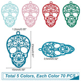 70Pcs 5 Colors 430 Stainless Steel Filigree Pendants, Spray Painted, Etched Metal Embellishments, Skull, Mixed Color, 23x15x0.5mm, Hole: 1.2mm, 14pcs/color