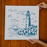 1Pc PET Hollow Out Drawing Painting Stencils, with 1Pc Art Paint Brushes, Lighthouse, Stencils: 300x300mm, Brushes: 16.9x0.5cm