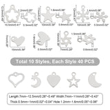 400Pcs 10 Style 201 Stainless Steel Charms, Laser Cut & Hollow, Mixed Shape, Stainless Steel Color, 7~12.5x11~7x0.5~1mm, Hole: 1.2~1.6mm, 40pcs/style