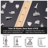 60pcs 30 Style Zinc Alloy Pendants Set, Architecture Series, Mix-shaped, Antique Silver, Antique Silver, 2pcs/style