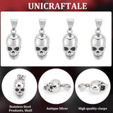 4Pcs 316 Surgical Stainless Steel Pendants, Skull, Antique Silver, 29x15x18mm, Hole: 7x10mm