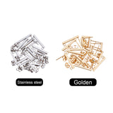304 Stainless Steel Stud Earring Findings, Rectangle, with 36PCS Ear Nuts, Golden & Stainless Steel Color, 10~20x2mm, Hole: 1.6~1.8mm, Pin: 0.7mm, 36pcs/box