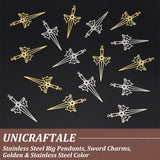 20Pcs 2 Colors 304 Stainless Steel Big Pendants, Sword Charms, Mixed Color, 50x23x1mm, Hole: 1.6~1.8mm, 10pcs/color