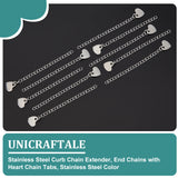 40Pcs 304 Stainless Steel Curb Chain Extender, End Chains with Heart Chain Tabs, Stainless Steel Color, 60mm