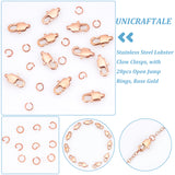12Pcs Ion Plating(IP) 304 Stainless Steel Lobster Claw Clasps, with 20pcs Open Jump Rings, Rose Gold, 11x5.5x3mm, Hole: 1x1.5mm