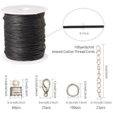 DIY Necklace Making Kits, with Waxed Cotton Thread Cords, Iron Folding Crimp Ends, Iron Extender Chains & Jump Rings, Zinc Alloy Lobster Claw Clasps, Black, 1.5mm, about 100yards/roll(300 feet/roll)