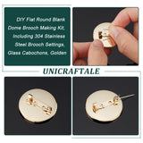 DIY Flat Round Blank Dome Brooch Making Kit, Including 304 Stainless Steel Brooch Settings, Glass Cabochons, Golden, 20Pcs/box