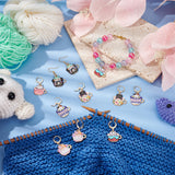 Alloy Enamel Cup with Cat Pendant Stitch Markers, Crochet Leverback Hoop Charms, Locking Stitch Marker with Wine Glass Charm Ring, Mixed Color, 3.5~3.8cm, 6 colors, 2pcs/color, 12pcs/set