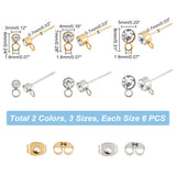 36Pcs 6 Style 304 Stainless Steel Stud Earrings Findings, with Horizontal Loops and Crystal Rhinestone, Column, Golden & Stainless Steel Color, 6~8x3~5mm, Hole: 1.8mm, Pin: 0.7mm, 6Pcs/style
