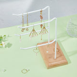 2-Tier 2-Row Iron Jewelry Display Rack, L-Hook Jewelry Organizer Holder with Wooden Base, for Earring Display Cards, Bracelets, Keychains Storage, White, Finish Product: 17.5x20.2x21.5cm