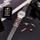 15Pcs 15 Style Heart & Flower & Word & Butterfly Crystal Rhinestone Watch Band Charms Set, Alloy Watch Band Decorative Ring Loops, Rose Gold, 2~2.45x0.3~1.1x0.6~0.7cm, 1Pc/style