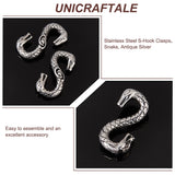 5Pcs Tibetan Style 304 Stainless Steel S-Hook Clasps, Snake, Antique Silver, 27x14x4mm