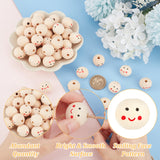 80Pcs Printed Wood European Beads, Large Hole Round Beads with Smiling Face Pattern, Undyed, Bisque, 20x17.5mm, Hole: 4.7mm