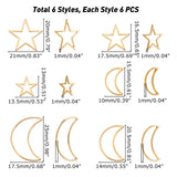 36Pcs 6 Style 304 Stainless Steel Linking Rings, Star & Moon, Golden, 13~25x10~21x1mm, 6pcs/style