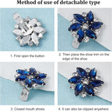 2Pcs Detachable Glass Rhinestone Shoe Decoration, with Alloy Buckle Clip, Flower, Capri Blue, 31x33x9mm