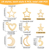 108Pcs 18 Style 201 Stainless Steel & 304 Stainless Steel Pendants, Star & Heart & Moon, Golden & Stainless Steel Color, 6pcs/style