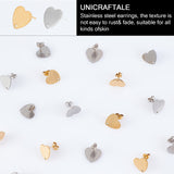 20Pcs 2 Colors Ion Plating(IP) 304 Stainless Steel Stud Earring Findings, with Ear Nuts/Earring Backs and Hole, Heart Shape, Golden & Stainless Steel Color, 12x13x1mm, Pin: 0.8mm, 10pcs/color
