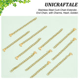 30Pcs 304 Stainless Steel Curb Chain Extender, End Chain, with Charms, Heart, Golden, 58mm