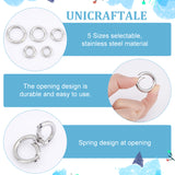 5Pcs 5 Styles 304 Stainless Steel Spring Gate Rings, for Keychain, Round Ring, Stainless Steel Color, 16~28x3~4mm, Inner Diameter: 10~20mm, 1pc/style