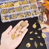 150PCS 15Style Tibetan Style Pendants, Leaf, Antique Golden, 14~38x7~18x1~5mm, Hole: 1~6mm