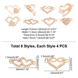 32Pcs 8 Style Alloy Crystal Rhinestone Links/Connectors, Heart, Mixed Color, 10.5~23x11.5~28x1.5~2.5mm, Hole: 1.5~1.8mm, 4pcs/style