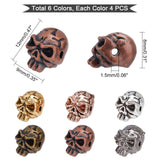 24Pcs 6 Style Zinc Alloy Beads, Skull, Mixed Color, 12x9x8mm, Hole: 1.5mm, 4pcs/style